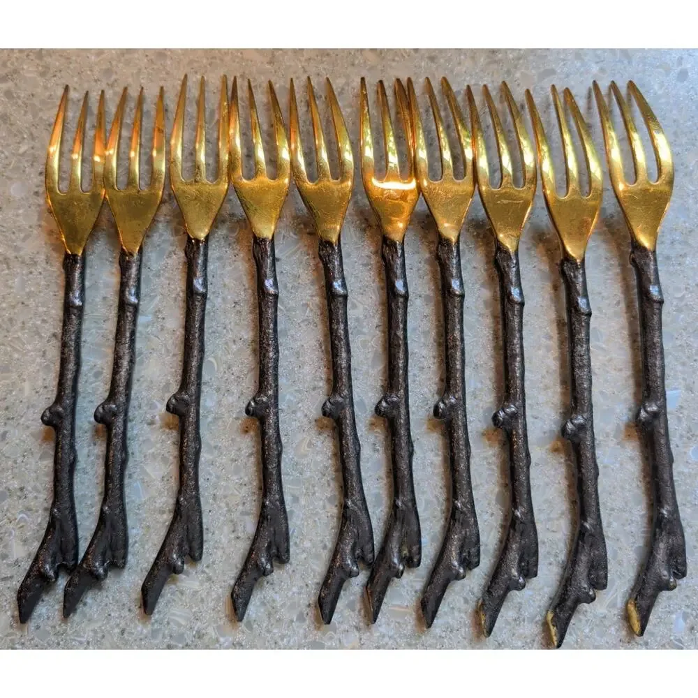 Set of 10 Dinner Forks Twig-Design Branch-shaped Handles Brass-finished Tines 8